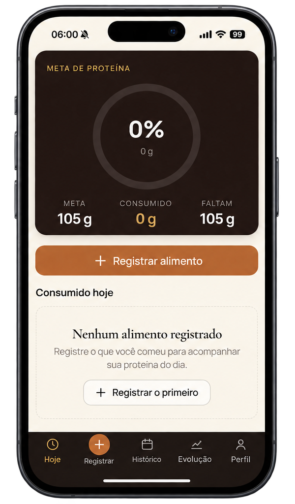 App Maratona 21 no iPhone mostrando a meta diária de proteína