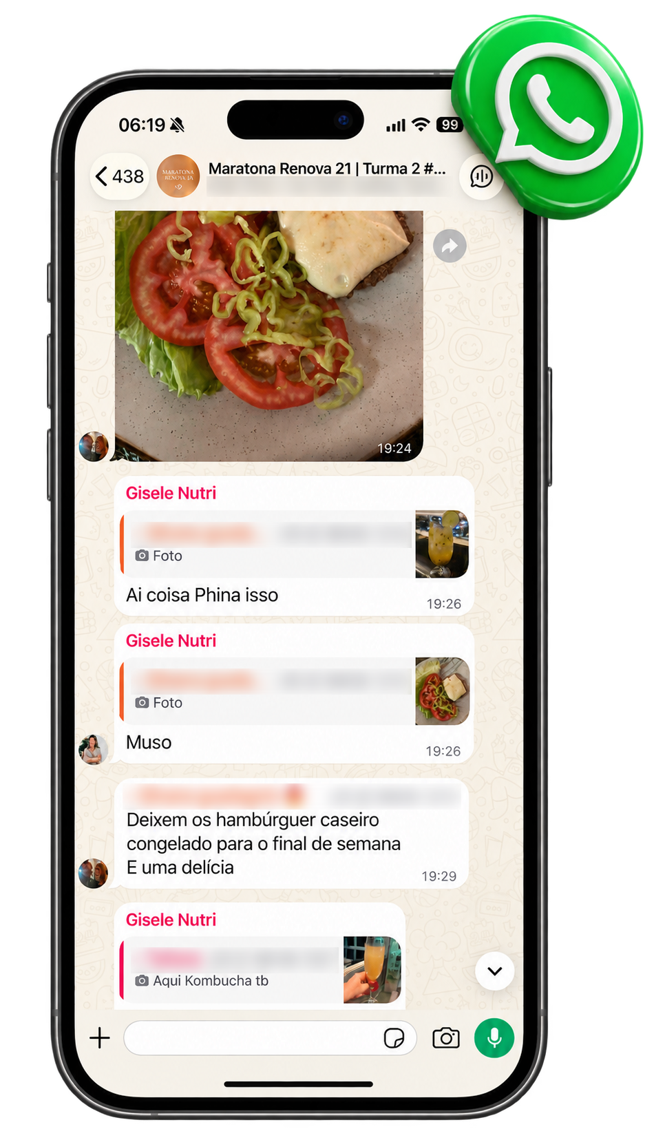 Grupo da Maratona no WhatsApp com a Nutri Gisele comentando os pratos das alunas