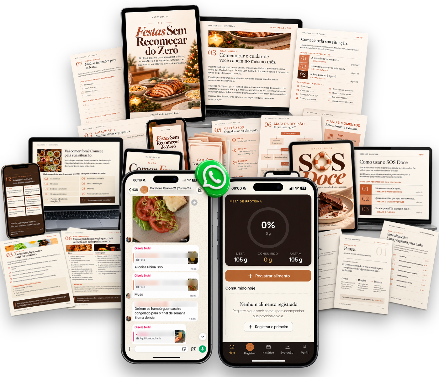 Tudo o que você recebe: Kit Festas, Comer Fora, SOS Doce, grupo no WhatsApp e App Maratona 21